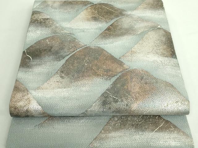 平和屋本店■希少 浦野理一 息子 浦野範雄 九寸開き名古屋帯 遠山文 灰青色地 金銀彩 鬼しぼ縮緬 逸品 DZAA9342kh5