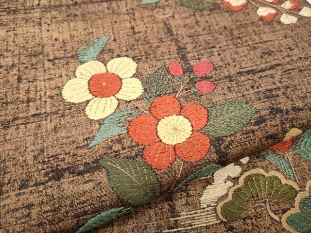 平和屋着物●太鼓柄袋帯 紬地 総刺繍 立浪草花文 金彩 正絹 逸品 CAAX1322hy