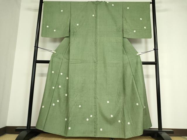 平和屋着物▽訪問着 単衣 紬地 絞り 丸文 松葉色 正絹 逸品 DAAV5566az