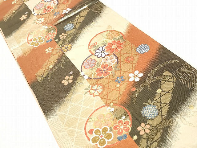 平和屋着物◎六通柄袋帯 唐織 雪芝花丸文 金糸 正絹 逸品 DAAW1343qa