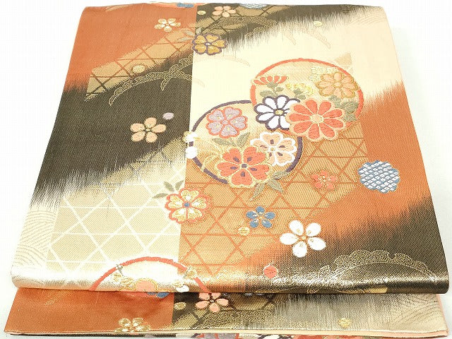 平和屋着物◎六通柄袋帯 唐織 雪芝花丸文 金糸 正絹 逸品 DAAW1343qa