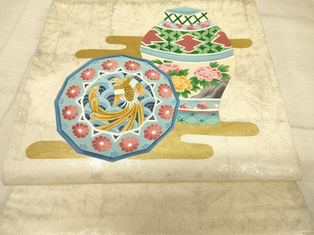 平和屋着物◎六通柄袋帯 陶器花文 金糸 正絹 逸品 AAAZ6179cs