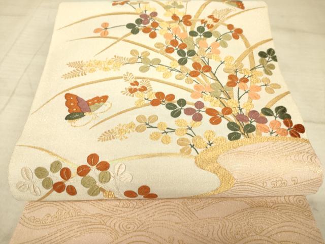 平和屋着物◎綴れ 太鼓柄袋帯 唐織 花蝶文 正絹 逸品 AAAZ6186cs
