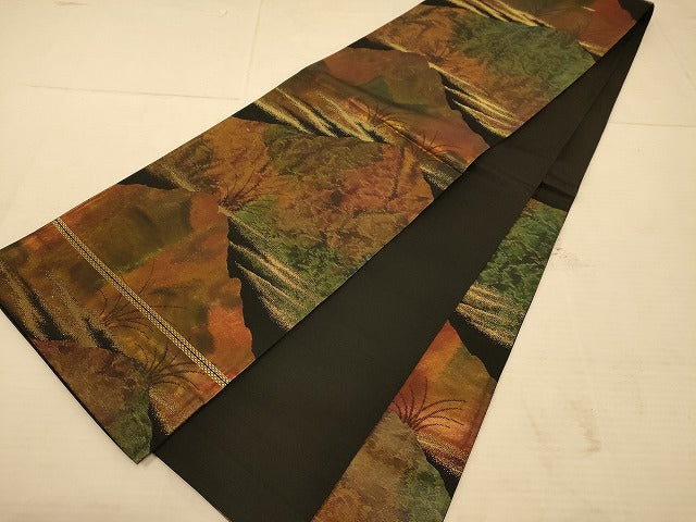 平和屋着物◎六通柄袋帯 霞草木文 黒地 金糸 正絹 逸品 AABA0521tn
