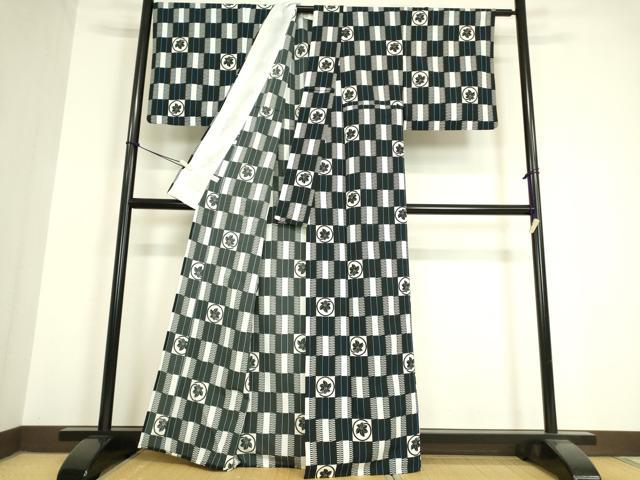 平和屋着物▽小紋 単衣 市松花文 黒地 洗える着物 DAAV5583az