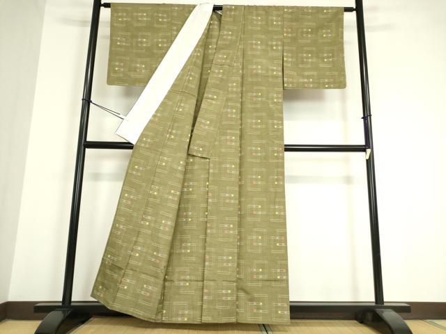 平和屋着物▽上質な紬 単衣 幾何学文 正絹 逸品 未使用 DAAV5587az