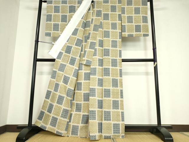平和屋着物▽上質な紬 単衣 市松吉祥文 正絹 逸品 DAAV5662az