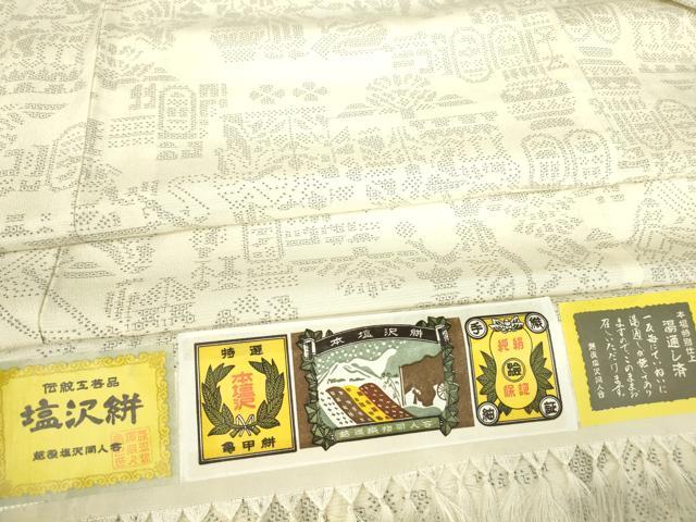 平和屋着物▽本塩沢 単衣 壁画人物花文 110亀甲 証紙付き 正絹 逸品 DAAV5690az