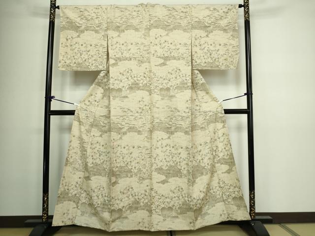 平和屋着物▽上質な小紋 紬地 単衣 風景草花文 正絹 逸品 DAAV9978sf