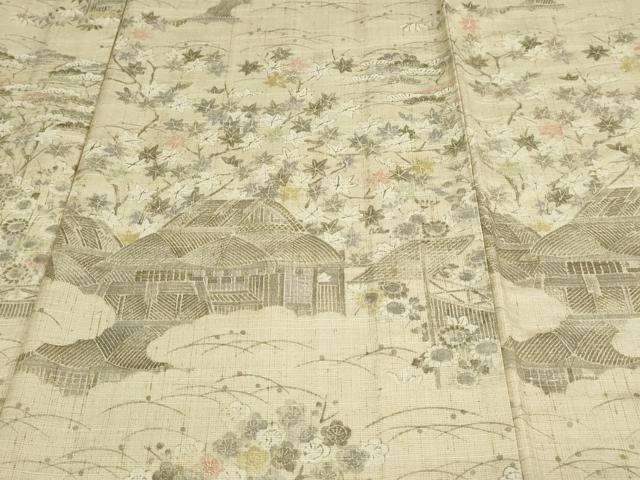 平和屋着物▽上質な小紋 紬地 単衣 風景草花文 正絹 逸品 DAAV9978sf