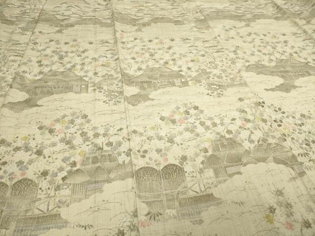 平和屋着物▽上質な小紋 紬地 単衣 風景草花文 正絹 逸品 DAAV9978sf