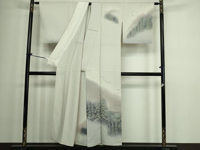 平和屋着物▽訪問着 単衣 風景飛鶴文 暈し染め 銀彩 正絹 逸品 DAAW9168sf