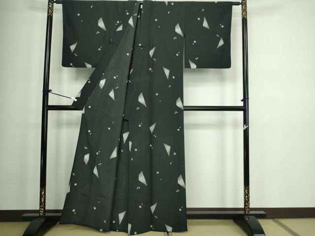平和屋着物▽小紋 単衣 舞花文 黒地 洗える着物 DAAW9179sf