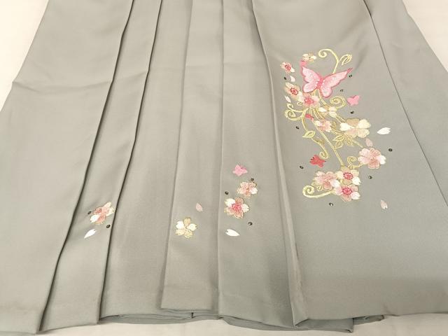 平和屋着物●女性 行灯袴 刺繍 舞蝶 桜 ラインストーン 千草鼠色 金糸 洗える着物 AAAZ3367np