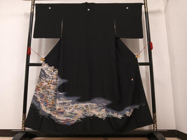 平和屋着物●本加賀友禅作家 黒田勲 黒留袖 浜松文 暈し染め 正絹 逸品 AABA3789ph