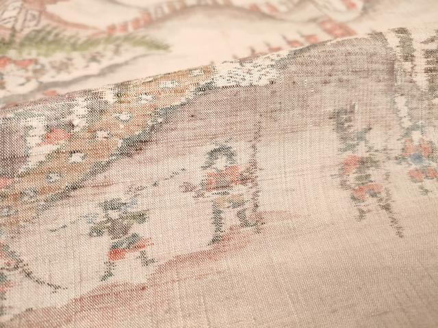 平和屋着物▽小千谷紬 単衣 雲取り人物風景文 正絹 逸品 未使用 DAAV5750az