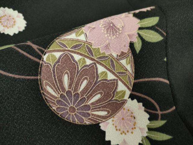平和屋着物▽小紋 単衣 花毬文 黒地 洗える着物 DAAV5732az