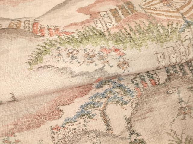 平和屋着物▽小千谷紬 単衣 雲取り人物風景文 正絹 逸品 未使用 DAAV5750az