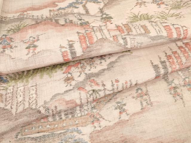 平和屋着物▽小千谷紬 単衣 雲取り人物風景文 正絹 逸品 未使用 DAAV5750az