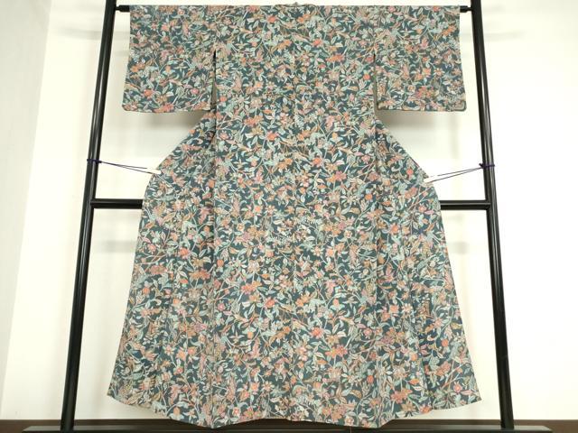 平和屋着物▽上質な小紋 単衣 更紗花文 正絹 逸品 DAAV5782az