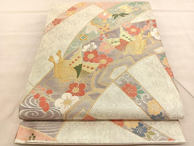 平和屋着物◎全通柄袋帯 唐織 源氏車花蝶文 金銀糸 正絹 逸品 BAAV1488hv