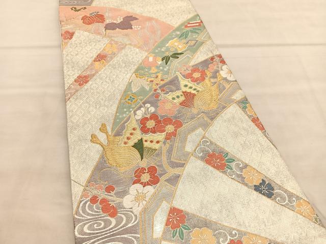 平和屋着物◎全通柄袋帯 唐織 源氏車花蝶文 金銀糸 正絹 逸品 BAAV1488hv