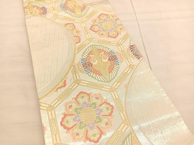 平和屋着物◎六通柄袋帯 唐織 亀甲双鶴花文 金糸 正絹 逸品 BAAV1865hv