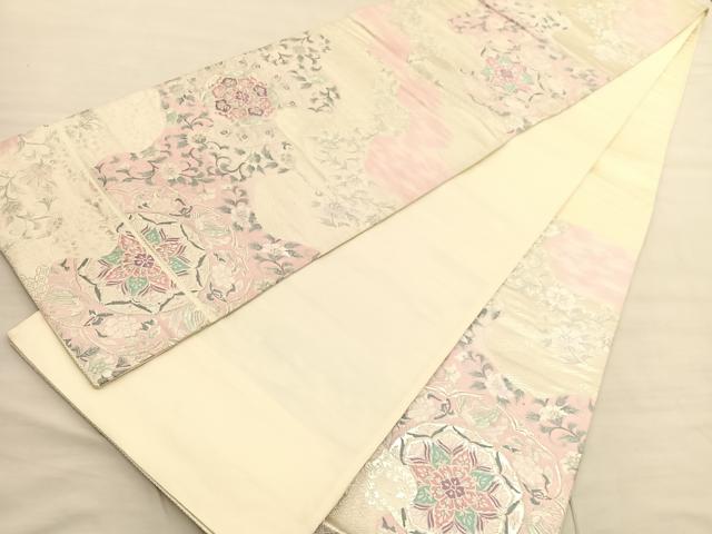 平和屋着物◎六通柄袋帯 唐織 花鳥文 銀糸 正絹 逸品 BAAV1987hv