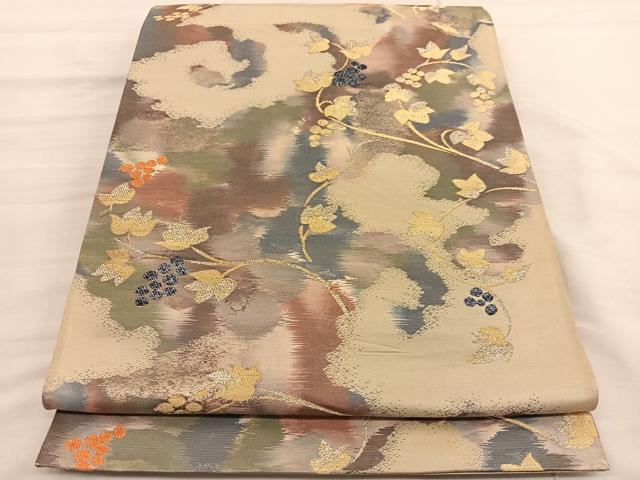 平和屋着物◎六通柄袋帯 古代錦 葡萄蔦の葉文 金銀糸 正絹 逸品 BAAV1722hv