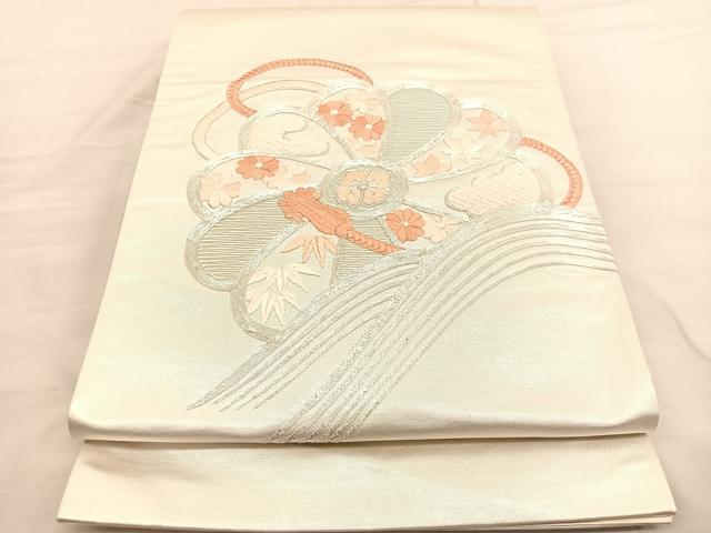 平和屋着物◎太鼓柄袋帯 総刺繍 駒刺繍 立波花文 引箔 正絹 逸品 BAAV1764hv