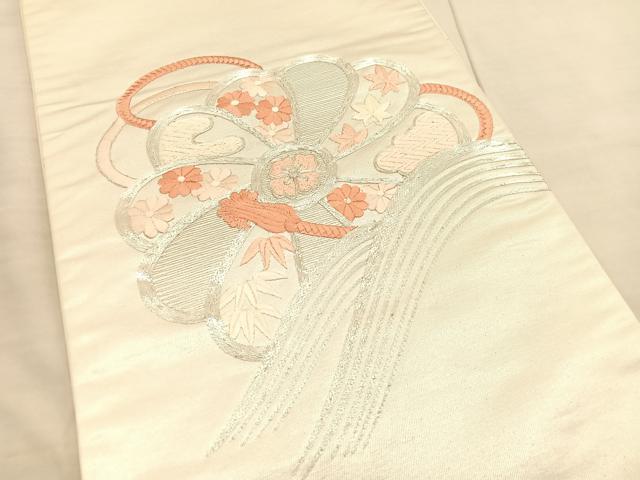 平和屋着物◎太鼓柄袋帯 総刺繍 駒刺繍 立波花文 引箔 正絹 逸品 BAAV1764hv