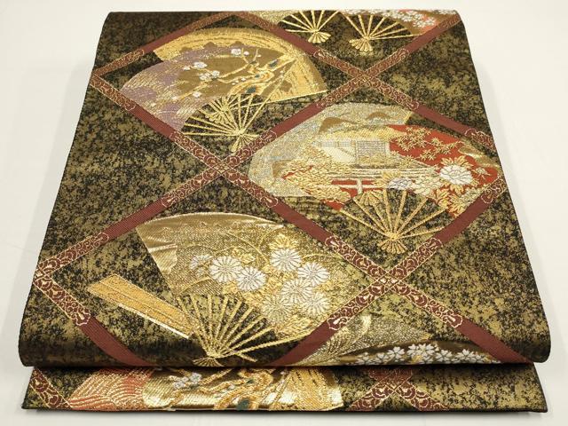 平和屋着物▼六通柄袋帯 扇面天井花文 黒地 金銀糸 正絹 逸品 AABA1577wj