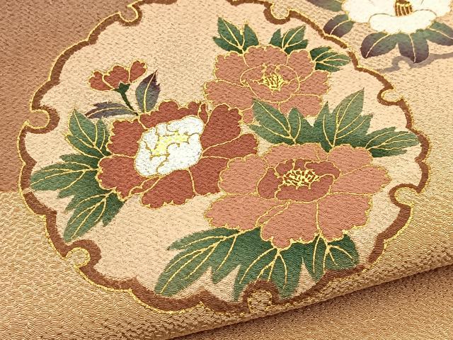 平和屋着物●九寸名古屋帯 手描き 雪輪花文 香色 金彩 鬼しぼ縮緬 正絹 逸品 BAAU8527yc