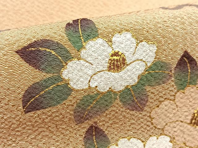 平和屋着物●九寸名古屋帯 手描き 雪輪花文 香色 金彩 鬼しぼ縮緬 正絹 逸品 BAAU8527yc