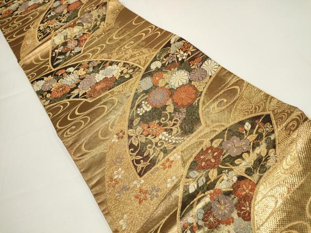 平和屋着物▼六通柄袋帯 唐織 扇面小袖吉祥文 金糸 正絹 逸品 AABA1644wj