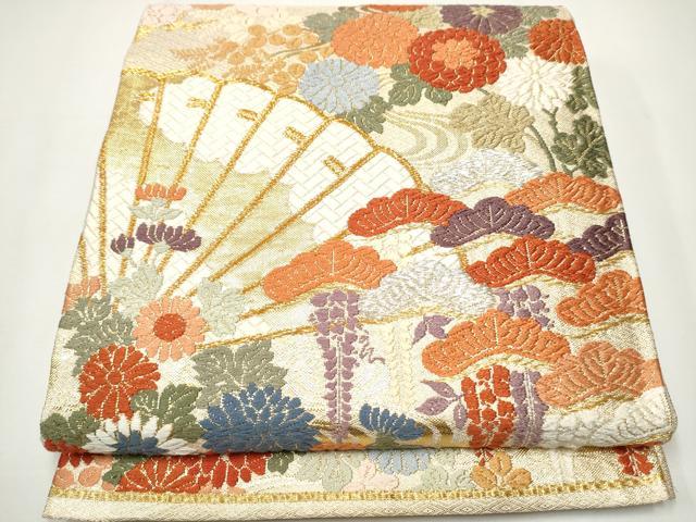 平和屋着物●佐賀錦 六通柄袋帯 唐織 扇草花文 金銀糸 正絹 逸品 CAAY2411hy