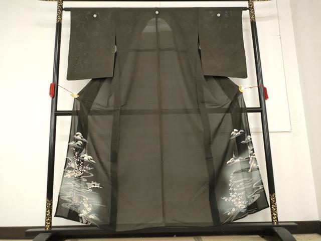 平和屋着物*夏物 アンティーク 黒留袖 絽 流水風景文 両褄 暈し染め 正絹 逸品 AABB0509st