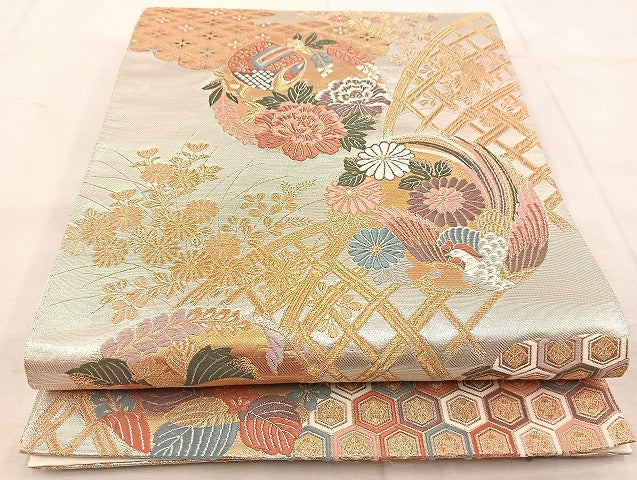 平和屋着物◎六通柄袋帯 唐織 鳳凰雲取り吉祥花文 金銀糸 正絹 逸品 BAAU8642yc