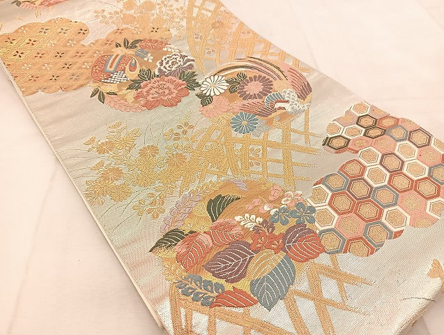 平和屋着物◎六通柄袋帯 唐織 鳳凰雲取り吉祥花文 金銀糸 正絹 逸品 BAAU8642yc