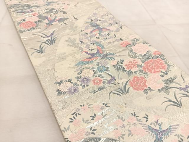 平和屋着物◎六通柄袋帯 唐織 山水花鳥文 銀糸 正絹 逸品 BAAU8754yc