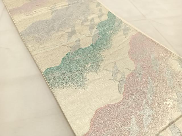 平和屋着物◎六通柄袋帯 群鶴 銀糸 正絹 逸品 BAAU8764yc
