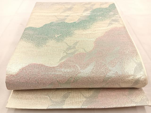 平和屋着物◎六通柄袋帯 群鶴 銀糸 正絹 逸品 BAAU8764yc