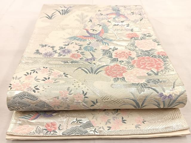 平和屋着物◎六通柄袋帯 唐織 山水花鳥文 銀糸 正絹 逸品 BAAU8754yc