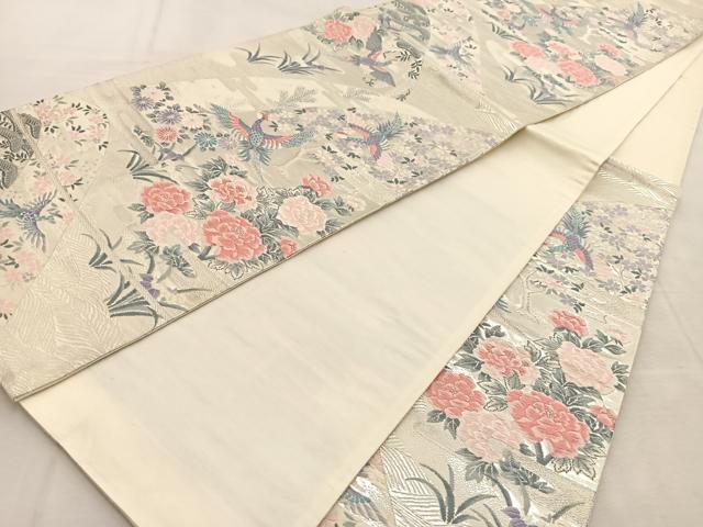 平和屋着物◎六通柄袋帯 唐織 山水花鳥文 銀糸 正絹 逸品 BAAU8754yc