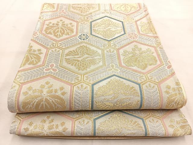 平和屋着物◎六通柄袋帯 唐織 亀甲桐花鳥文 金銀糸 正絹 逸品 BAAU8760yc