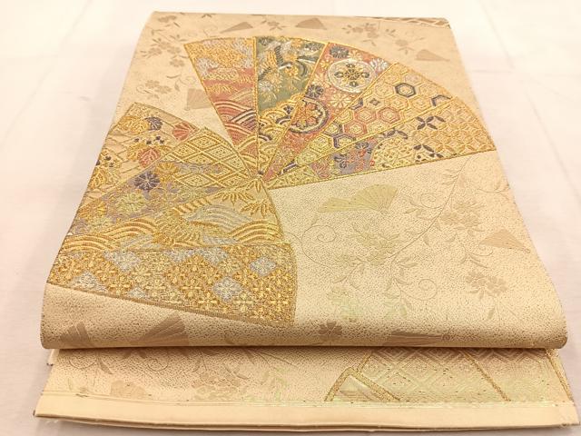 平和屋着物◎六通柄袋帯 檜扇吉祥花鳥文 金銀糸 正絹 逸品 BAAU8752yc