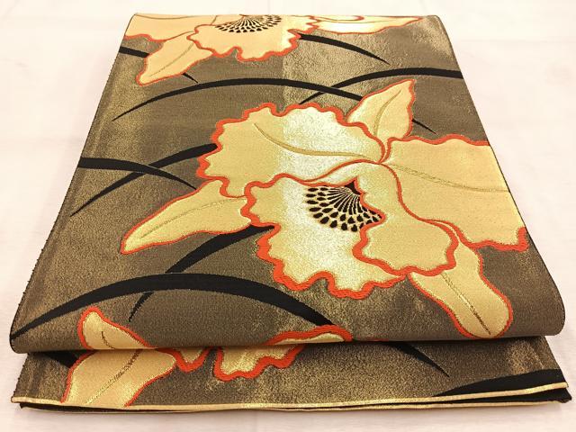 平和屋着物◎六通柄袋帯 唐織 カトレア 黒地 金糸 正絹 逸品 BAAU8787yc