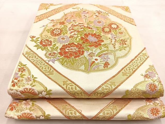平和屋着物◎六通柄袋帯 唐織 菱天井花文 金糸 正絹 逸品 BAAU8845yc