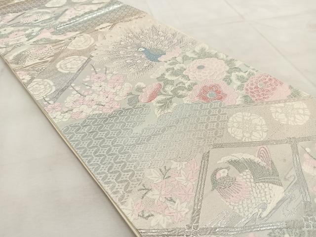 平和屋着物◎六通柄袋帯 唐織 花鳥遊生文 銀糸 正絹 逸品 BAAU8814yc
