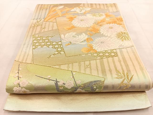 平和屋着物◎六通柄袋帯 唐織 色紙重ね吉祥花文 金銀糸 正絹 逸品 BAAU8810yc